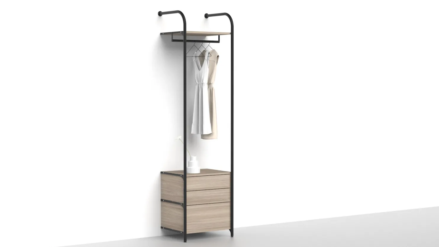 Eteisen säilytysjärjestelmä Mirror Line Nivo, tangolla ja laatikoilla, leveys 60cm, mittatilaus