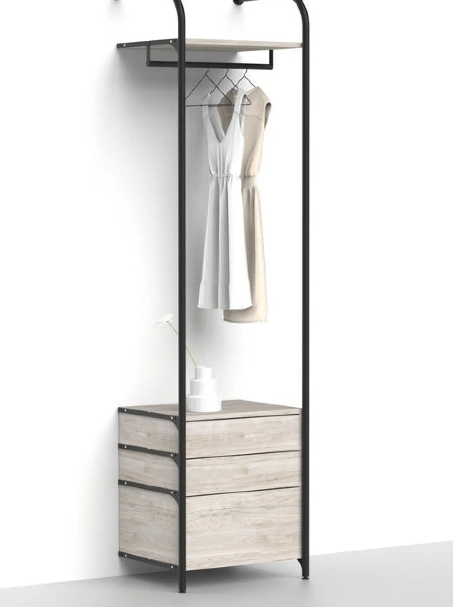 Eteisen säilytysjärjestelmä Mirror Line Nivo, tangolla ja laatikoilla, leveys 60cm, mittatilaus