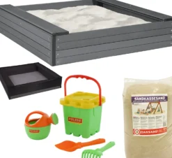Hiekkalaatikko istuimilla Nordic Play 24x120x120cm komposiitti sis, verkko 240 kg hiekkaa ja vihreä hiekkalelusetti