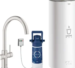 Keittiöhana Grohe Red Duo teräs L-koon kuumavesivaraajalla