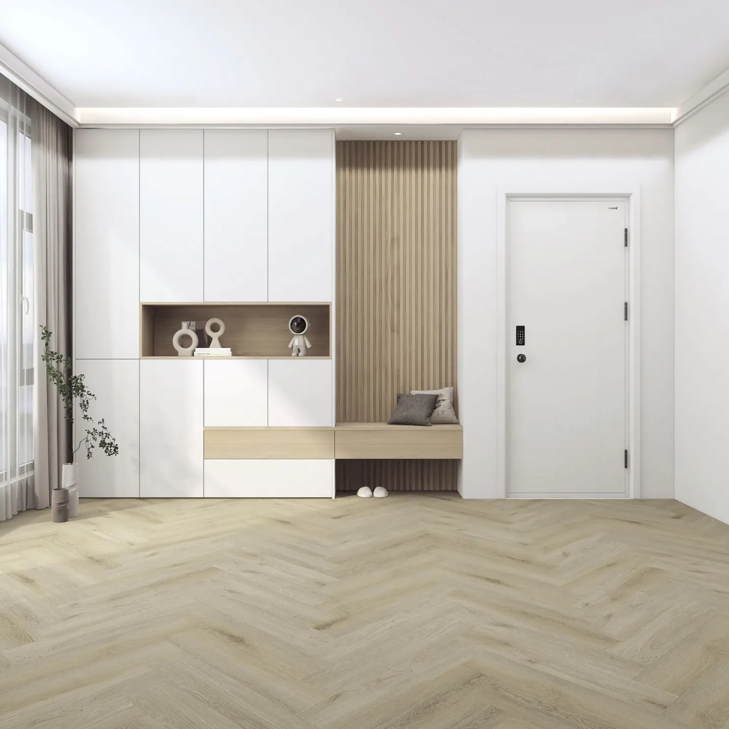 Kivikomposiittikalanruotovinyylilankku DomusFlooring Otso hiekkatammi, integroitu askeläänieriste