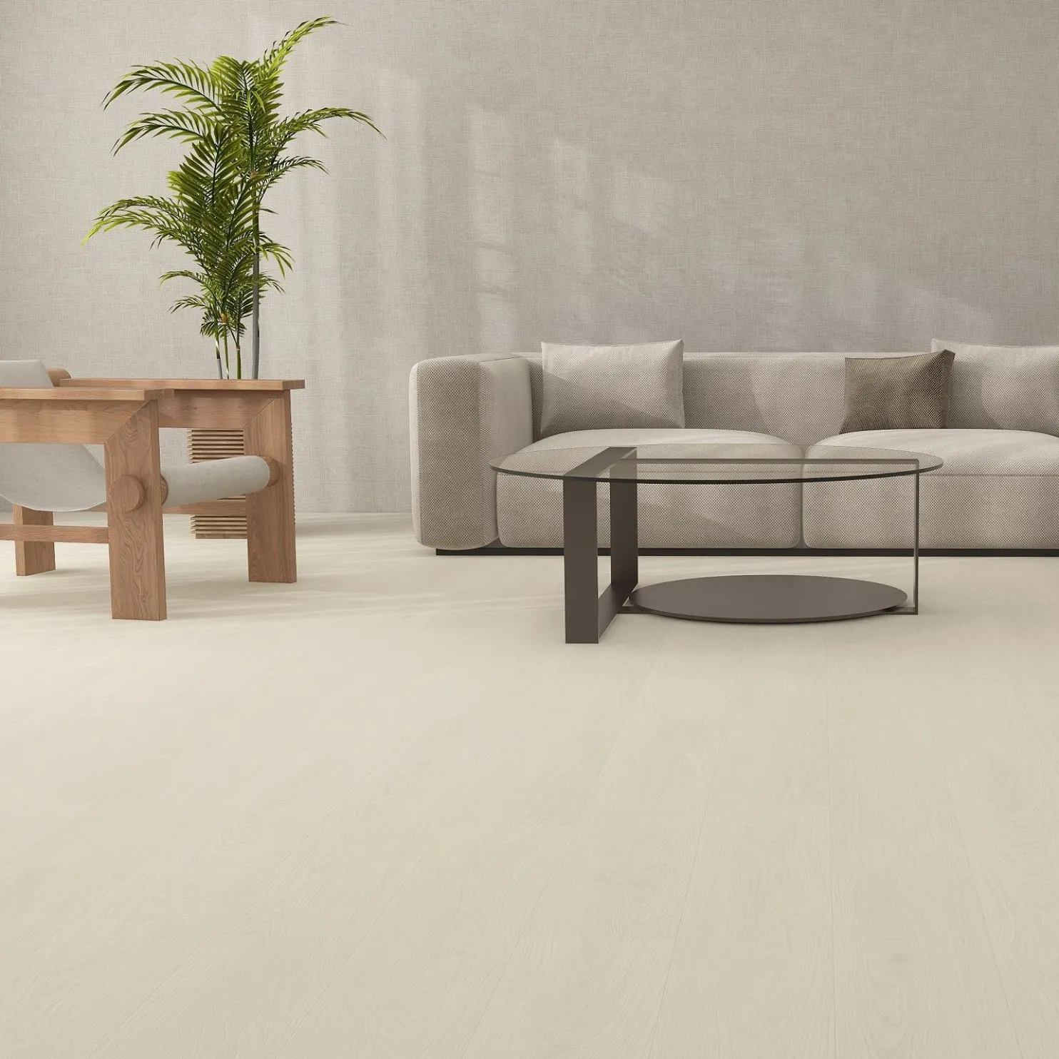 Kivikomposiittivinyylilankku DomusFlooring Kokkolinnun kalkkitammi, integroitu askeläänieriste