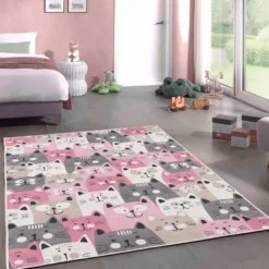 Lastenhuoneen käytävämatto Linento Kissaset 80x150cm vaaleanpunainen/harmaa
