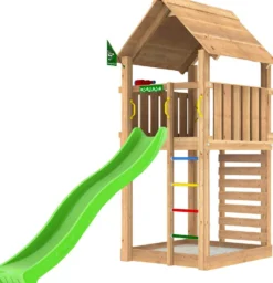 Leikkitorni Jungle Gym Cabin 2.1, liukumäki ja 120 kg hiekkaa