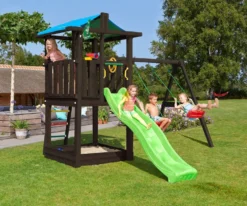 Leikkitornikokonaisuus Jungle Gym Hut 2.1, 2-Swing Module 220, mustaksi petsattu, vihreä liukumäki