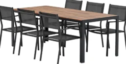 Ruokailuryhmä ulos Venture Home, luonnollisenvärinen Bois-pöytä 205x90cm + 6 mustaa Copacabana-tuolia
