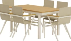 Ruokailuryhmä ulos Venture Home, luonnollisenvärinen Panama-pöytä 160x90cm + 6 beigeä Mexico-tuolia