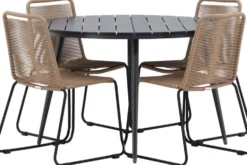 Ruokailuryhmä Venture Home, ø120cm musta Break-pöytä + 4 ruskeaa, pinottavaa Lindos-tuolia