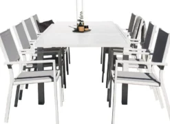 Ruokailuryhmä Venture Home,160/240x100cm jatkettava valkoinen Marbella-pöytä + 8 harmaa/valkoista, pinottavaa Copacabana-tuolia