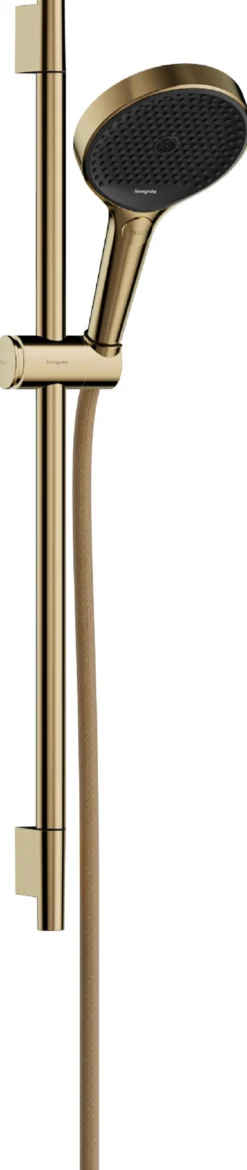 Suihkusetti Hansgrohe Rainfinity 130 3jet EcoSmart, suihkutanko S Puro 65 cm, liu'ulla ja Designflex-tekstiilisuihkuletkulla 160 cm, kiiltävä kulta