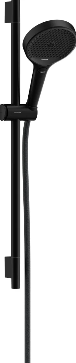 Suihkusetti Hansgrohe Rainfinity 130 3jet, suihkutanko S Puro 65 cm, liu'ulla ja Designflex-tekstiilisuihkuletkulla 160 cm, mattamusta