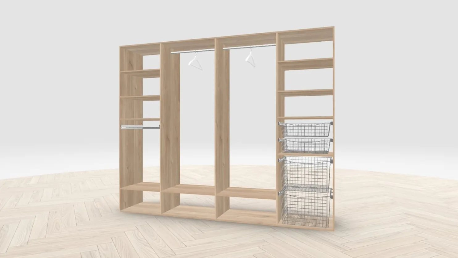 Vaatehuoneen kaapisto Mirror Line, leveä I-malli koreilla, housutelineellä ja vaatetangoilla, 2600x2100x510mm, eri värejä