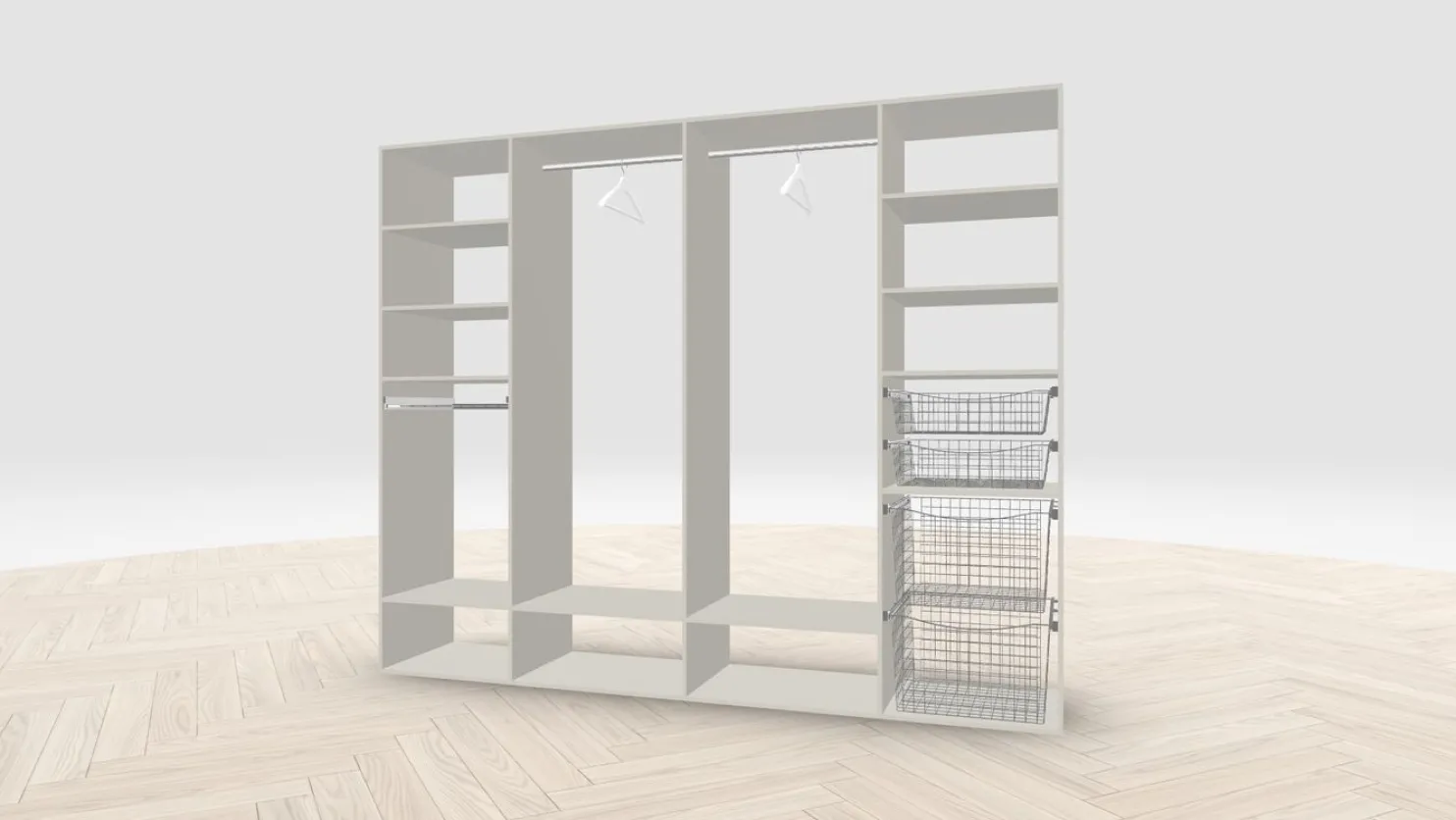 Vaatehuoneen kaapisto Mirror Line, leveä I-malli koreilla, housutelineellä ja vaatetangoilla, 2600x2100x510mm, eri värejä