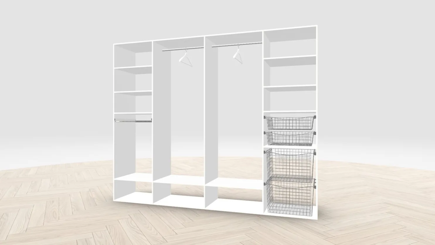 Vaatehuoneen kaapisto Mirror Line, leveä I-malli koreilla, housutelineellä ja vaatetangoilla, 2600x2100x510mm, eri värejä